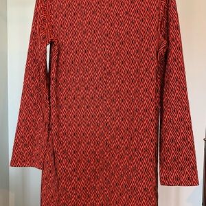Zara dress, medium, long sleeve, orange with geometric pattern.